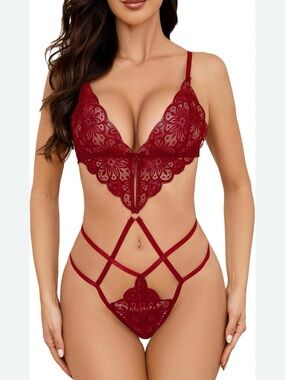 Avidlove Women's Lace Strappy Teddy Bodysuit - Red Size Medium